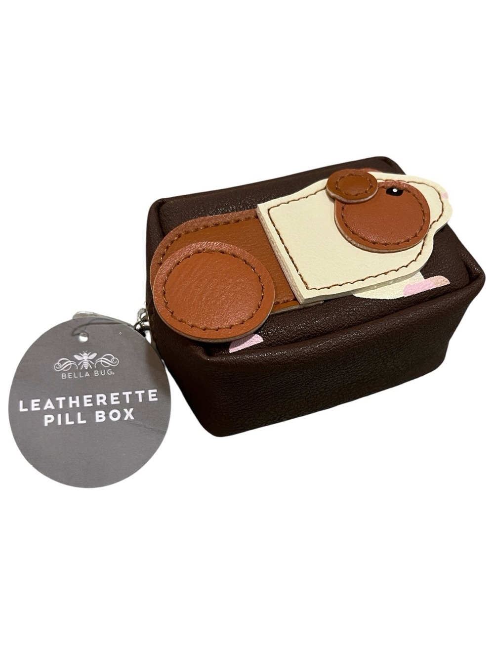 BELLA BUG LEATHERETTE HAMSTER ZIPPERED CASE BROWN WITH PLASTIC PILL BOX NEW TAGS